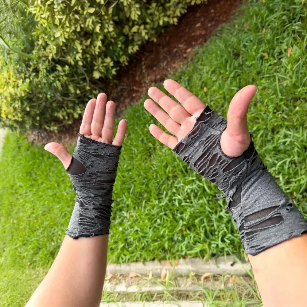 Distressed Grey Fingerless Arm Warmers | Grunge & Alternative Style